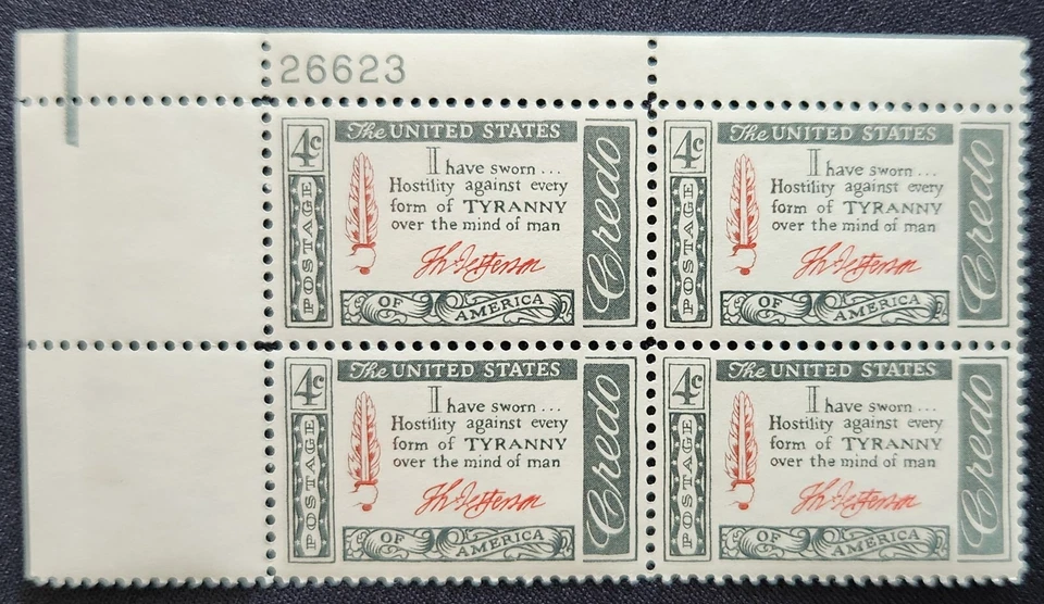 US Scott 1141 - Credo - Jefferson - MNH - 1960 Issue - Plate Block of 4 - Image 1 of 1