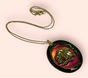 VTG Watermelon AB Carnival Glass Intaglio Rose Pendant 12K Gold Fill Necklace - Picture 1 of 9