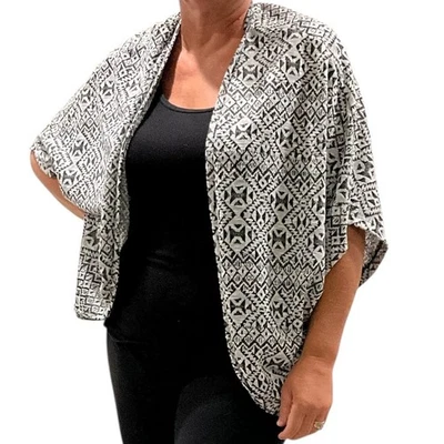 Cárdigan Kimono Frente Abierto Negro Blanco Patrón Geométrico Cubrir Para Mujer L Foto 1 de 4