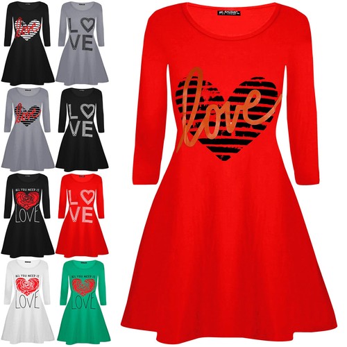 Abito donna manica lunga San Valentino cuore amore stampato donna mini swing svasato