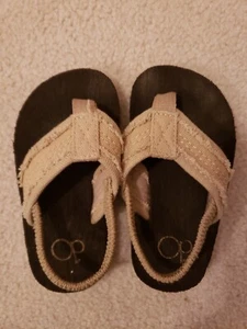 OP Ocean Pacific Beige Canvas Frayed Boys Flip Flops Sandals 7-8 - Picture 1 of 8