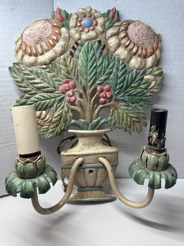 Vintage Mid Century Floral Leaves Urn Tole Italian Wall Light Sconce Metal Cover