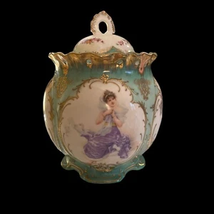 Antique Royal Vienna Beehive Mark Lidded Portrait Biscuit Jar Green w Gold Gilt - Picture 1 of 8