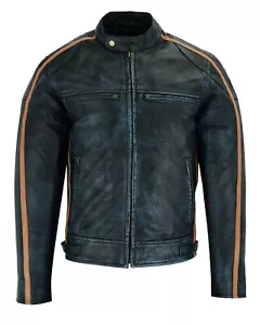 Chaqueta de Insignias de Cuero de Cera Negra para Hombre Motociclista Bronceado Verde a Rayas - Imagen 1 de 4