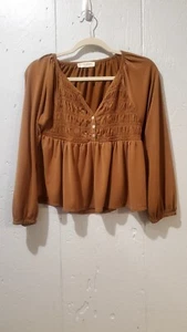 Lucky Brand Long Sleeve Smocked Sandwash Top Caramel Cafe M BOHEMIAN HIPPIE  - Picture 1 of 12