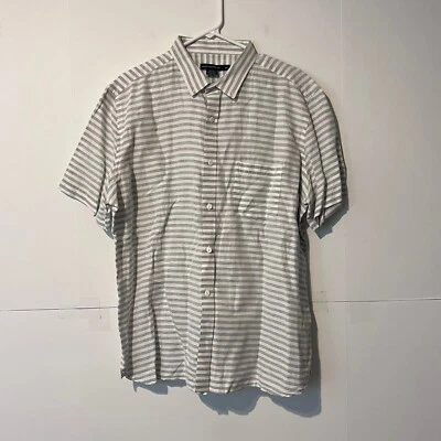 Camisa French Connection Para Hombre Talla 2XL Blanca Gris Rayas Mezcla de Lino Foto 1 de 4