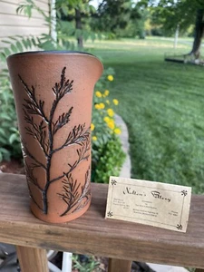 Nulton’s Terra-Cotta Pottery Stoneware Wrap Vase-Blue Tree Accents &Inside 7 X 3 - Picture 1 of 9