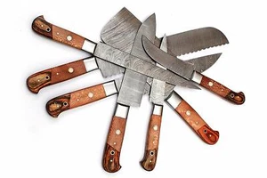 CUSTOM MADE DAMASCUS BLADE 7 Pc's. KITCHEN KNIVES SET.(ZE-1081-Brown & CHENAR 7C - Picture 1 of 4
