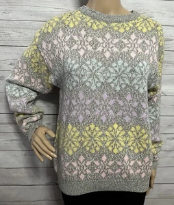 Vintage 80s Honors Sweater Large Pastel Snowflake Pattern Gray Yellow Pink Blue - Picture 1 of 13