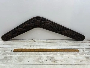 Australian Wooden Boomerang Hand Painted Carved Kangaroo & Animals Brown 24” - Picture 1 of 9