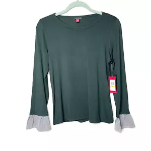 T-shirt Vince Camuto verde gemma manica lunga con maniche con polsini taglia PM NUOVA CON ETICHETTE - Foto 1 di 7