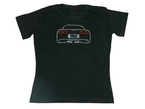 Corvette C5 Women's T-Shirt Rear View Rhinestone Black - Picture 1 of 2