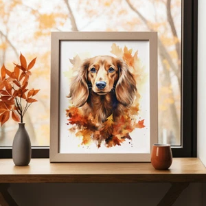 Longhaired Dachshund in Autumn Print, Modern Dog Painting, Pet Portrait - Picture 1 of 9