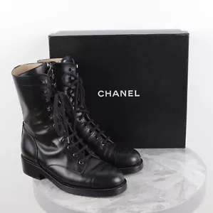 Chanel CC Logo Black Leather Combat Lace Up Boots Size 38.5C - Picture 1 of 20