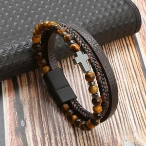 Men's Cross Leather Braided Bracelet Tiger Eye Obsidian Handmade Reiki Bracelet - Picture 1 of 26