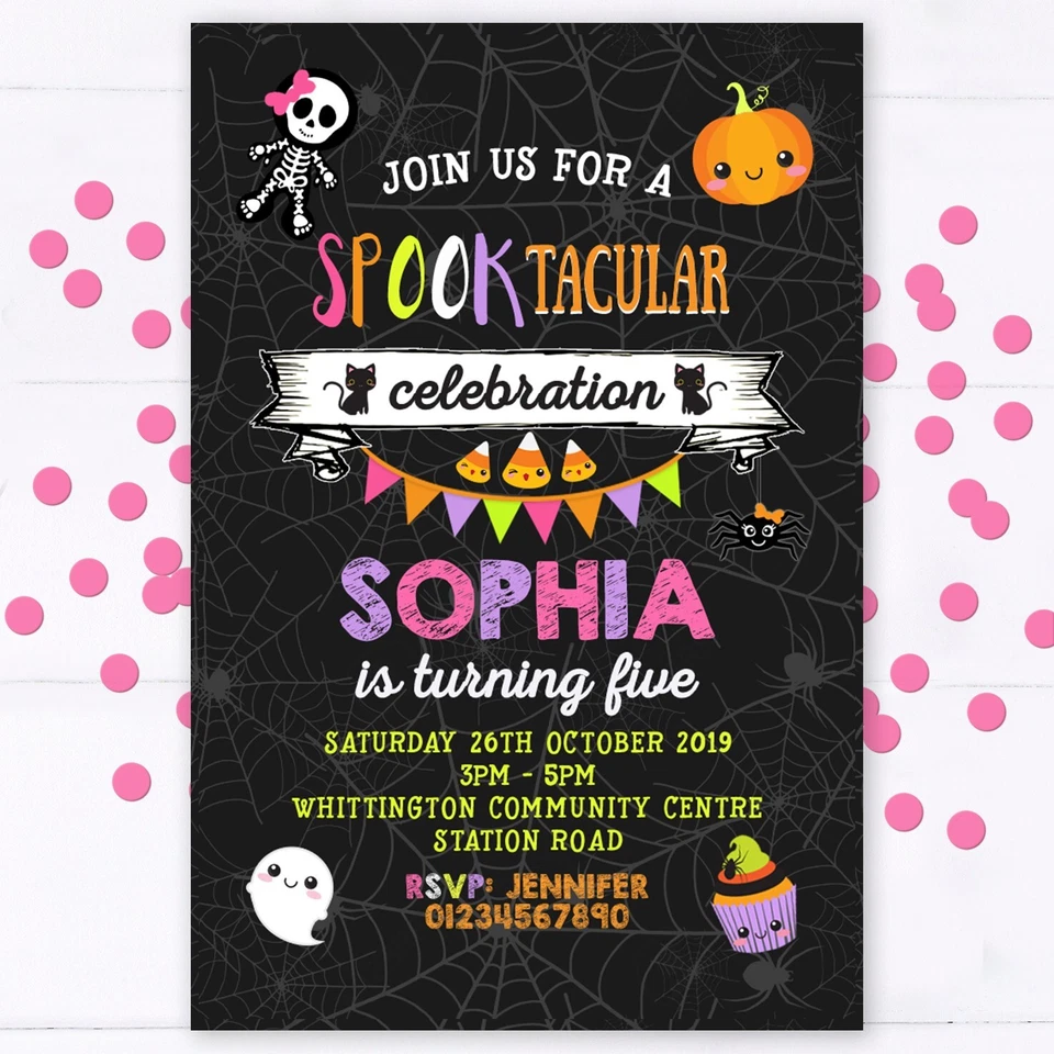 Personalised Halloween Party Invitations, Birthday Invites, Boy, Girl, Cute,  - Image 1 of 1