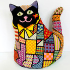 Handmade Needlepoint Patchwork Cat Weighted Pillow Crazy Quilt 14 inch Vintage