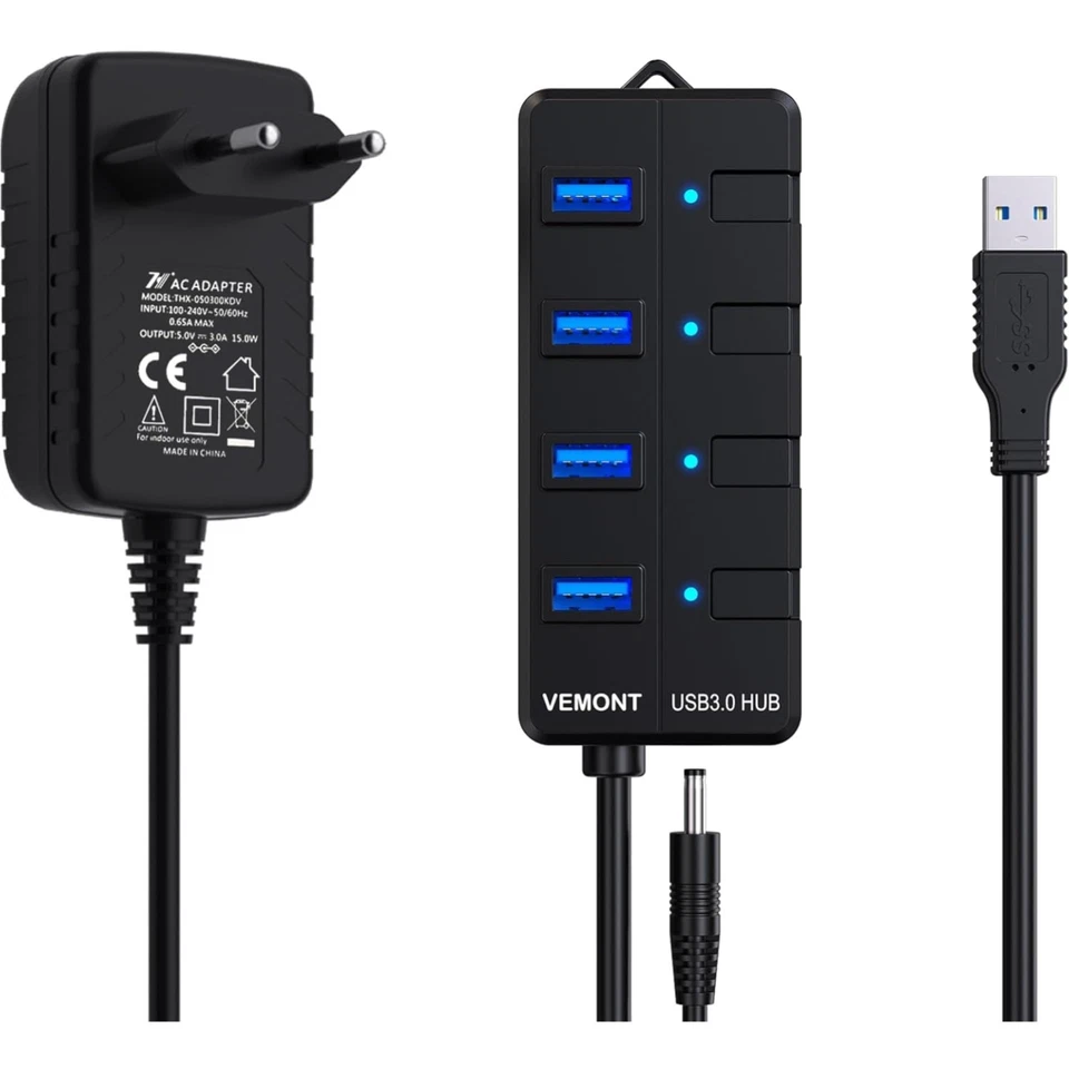 USB Hub 4 Ports, USB 3.0, Netzteil, Einzelne Schalter, Kabel 1,2m, PC - Bild 1 von 1
