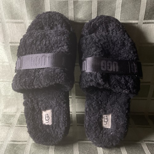 ❤️ SANDALI UGG NERI FLUFFITA PELLE DI PECORA FLUFF SLIDE PLATFORM US 8 UK 6