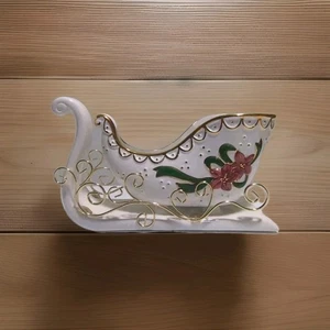 Hand Painted Gilded Winter Sleigh Candy Dish Porcelain Ceramic Christmas Holiday - Picture 1 of 20