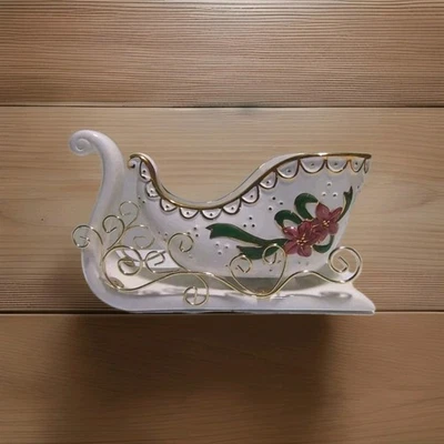 Hand Painted Gilded Winter Sleigh Candy Dish Porcelain Ceramic Christmas Holiday - Image 1 of 4