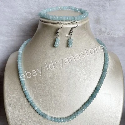 Facettiert Aquamarin Natürlich Stein Rondelle Perlen Halskette Armband Ohrringe - Bild 1 von 4