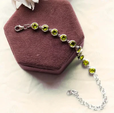14k White Gold Plated 8 ct Round Simulated Peridot Women's Bezel Chain Bracelet - Image 1 of 4