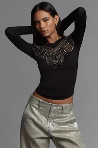 NWT Anthropologie Beaded Applique Long Sleeve Top- XXS - Picture 1 of 12