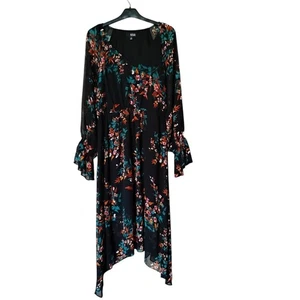 a.n.a. Black Floral Handkerchief Hem Dress Long Sleeve Ruffle Cuffs - Picture 1 of 3