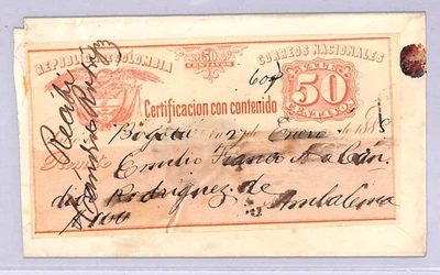 COLOMBIA Cubierta 50c Rosa *CUBIERTA* Usado Bogotá 1888 Ambalema {Páramo}WT98 Foto 1 de 4