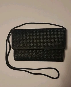 Whiting and Davis International Evening Purse Black Woven Satin Clutch Shoulder - Picture 1 of 11