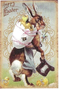 Vintage Easter Postcard RETRO Antique NEW REPRINT Brown Bunny Rabbit Eggs Chicks - Picture 1 of 2