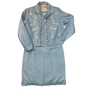 Vintage Monique Moden Denim Kleid Jacke Set Größe 8 hellblau bestickt USA - Bild 1 von 13