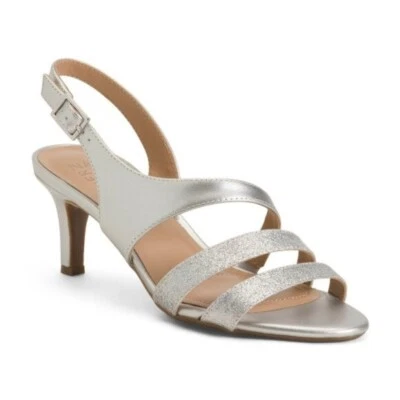 Sandalias de tacón de gatito Naturalizer plateadas con puntera abierta talla 8,5 nuevas Foto 1 de 4