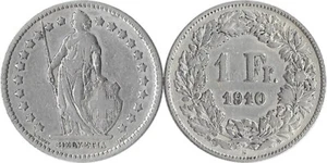 1910 Switzerland One 1FR Franc Silver KM# 24 VG - Picture 1 of 1