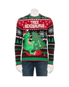 Holiday Ugly Christmas Sweater - T-Rex Dinosaur Carrying Tree - Size LARGE - Picture 1 of 2