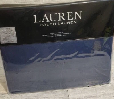 BRAND NEW RALPH LAUREN QUEEN SHEET SET 4PC COTTON FLANNEL NAVY BLUE - Image 1 of 4