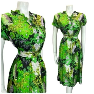 VTG 60S 70S GREEN BLACK WHITE PURPLE FLORAL RUFFLE V NECK FLOATY DRESS 16 - Picture 1 of 10