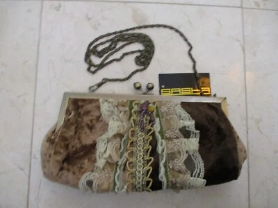 Sasha Bohemian Brown & Green Velvet Lace Bag  Beaded Floral Kiss-Lock Crossbody - Image 1 of 4