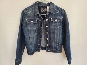 Guess Girl's Dark Blue Distressed & Embellished  Denim Jacket Size XL (16) - Picture 1 of 7