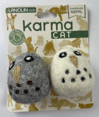 NEW Pair of Owl Cat Toys Grey White Wool Lanolin Rich Decomposes Handmade 100% - Image 1 of 3
