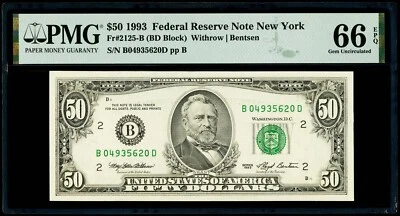 $50 1993 Federal Reserve Note New York Fr#2125-B PMG 66 EPQ Gem Uncirculated - Image 1 of 3