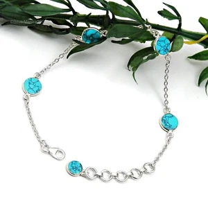 Natural Turquoise Gemstone 925 Silver Bezel Bracelet Girls Gift Jewelry - Picture 1 of 7