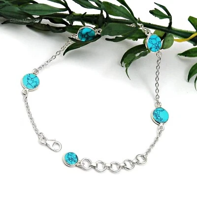 Natural Turquoise Gemstone 925 Silver Bezel Bracelet Girls Gift Jewelry - Image 1 of 4