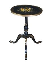 Theodore Alexander Black Lacquer Ebonized Gilt Tripod Pedestal Round Side Table