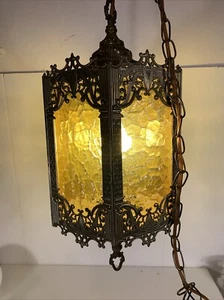 Vintage Metal Mid Century Amber 6 Panel Hanging Swag Pendant Light W/Chain - Picture 1 of 7