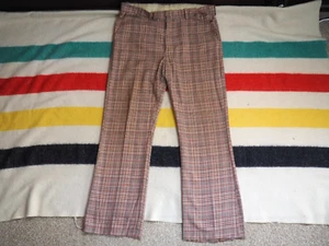 VTG 60s 70s Brown Cream Plaid Poly Hippy Retro Talon Flare Slacks Pants 38x32 - Picture 1 of 11