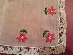 Fazzoletto Hankie bianco vacanza rosso ricamato poinsettia lino 10 mq vintage - Foto 1 di 3