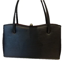 Vintage Black Faux Leather Structured Top Handle Handbag Mid Century 40s-60s - Picture 1 of 10
