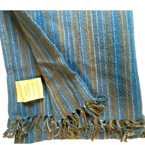 Vintage Blue Brown striped Cotton Fringed 18 x 108 POTTERY BARN Table Runner - Picture 1 of 6